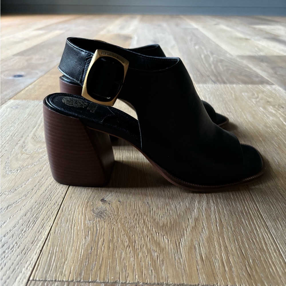 Vince Camuto Black Leather Open-Toe Heels Preena Leather Heel - Picture 6 of 9